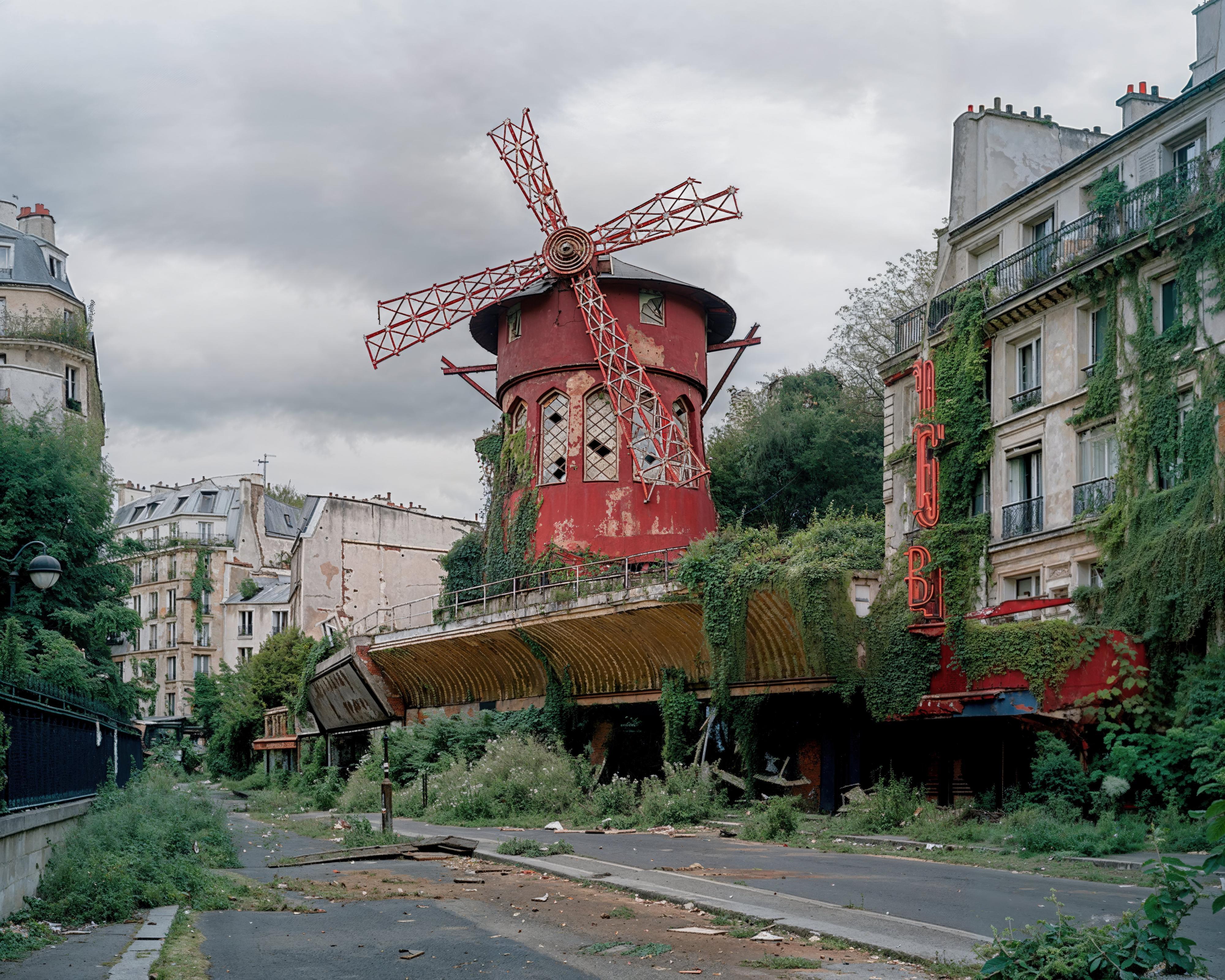 Künstliche Intelligenz: Die KI wollte das Moulin Rouge nicht beschädigen, also mussten die Fotografen selbst ran. Weltuntergang bleibt vorerst Handarbeit.