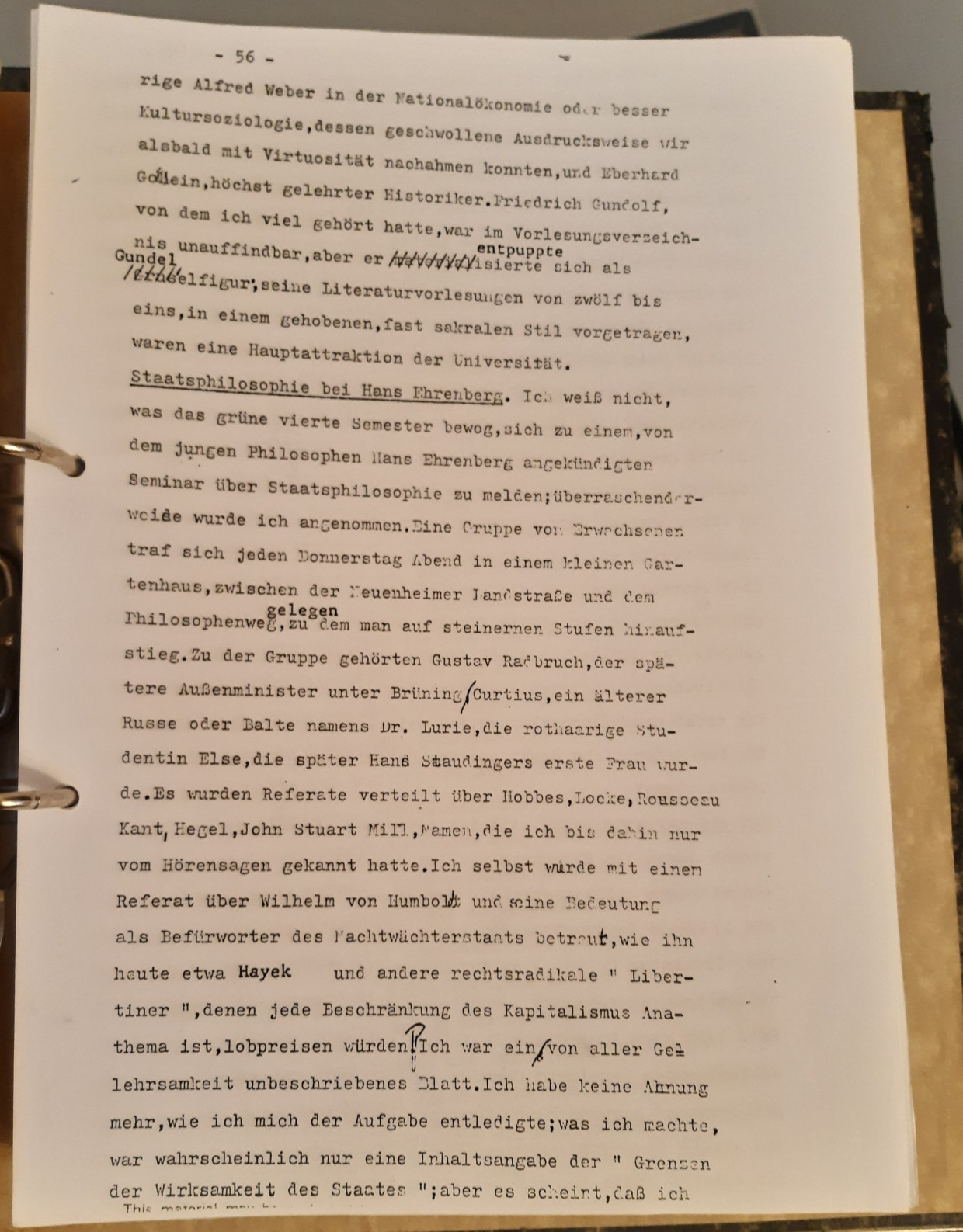 Ironie des weltgewandten Gelehrten: Im Studium in Heidelberg war Karl Loewenstein nach eigenem Zeugnis, hier im Typoskript unter der korrigierten Stelle zu Gundolf, noch ein „unbeschriebenes Blatt“.