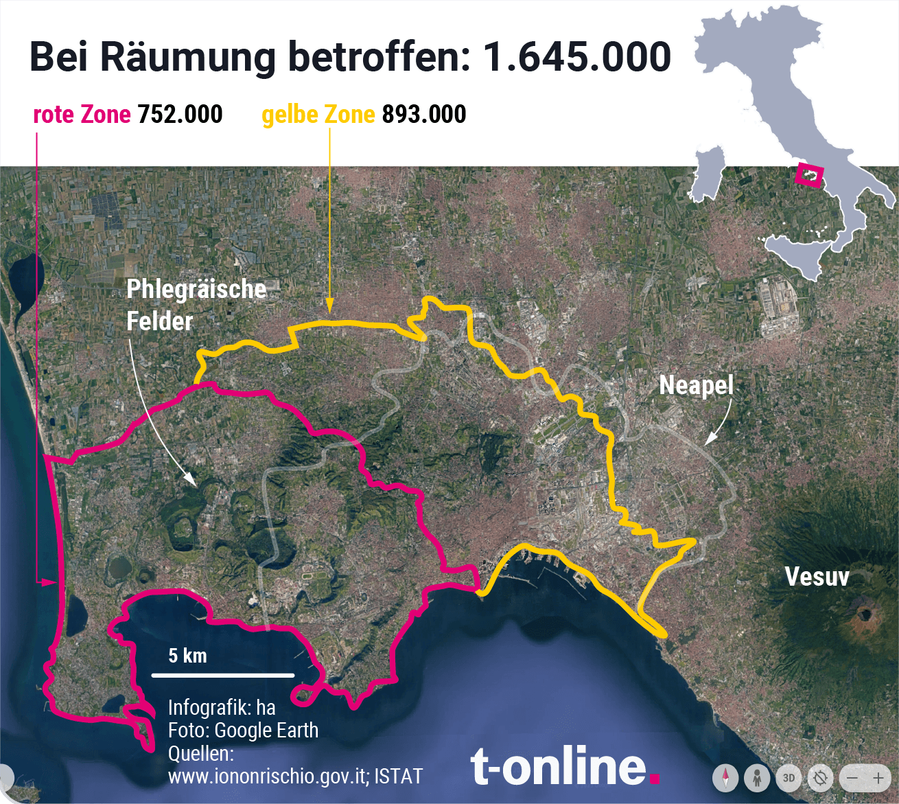 Infografik der Gefahrenzonen um Neapel: Die drohende Gefahr des Vesuvs und der Phlegräischen Felder erhöht die Evakuierungsbereitschaft in Italien.