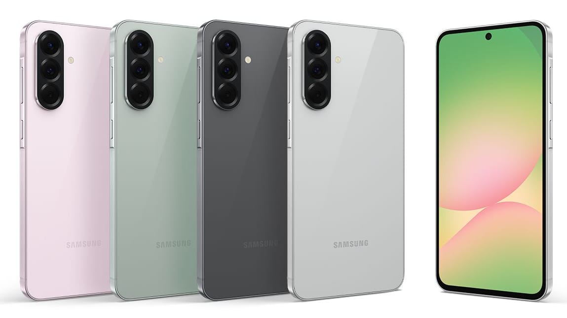 Galaxy A56: Samsungs neues Mittelklasse-Smartphone erscheint in den Farben Hell- und Dunkelgrau, Olivgrün und Pink.