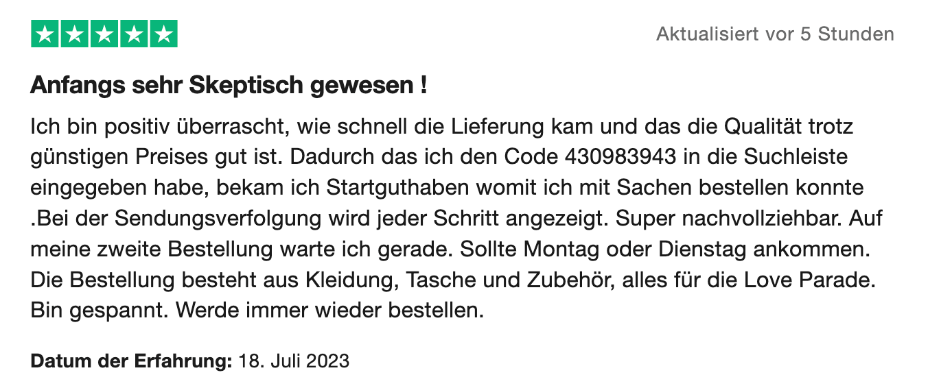 Eine sehr positive Bewertung: Auffällig ist der Rabattcode. Eine sehr positive Bewertung: Auffällig ist der Rabattcode.