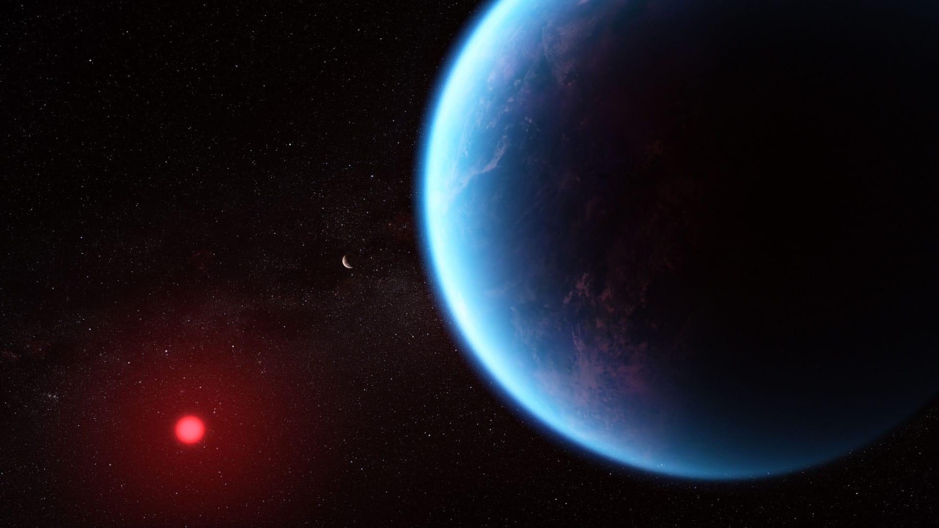 Dieses künstlerische Konzept zeigt, wie der Exoplanet K2-18 b aussehen könnte, wenn man die wissenschaftlichen Daten zu Grunde legt. Dieses künstlerische Konzept zeigt, wie der Exoplanet K2-18 b aussehen könnte, wenn man die wissenschaftlichen Daten zu Grunde legt.
