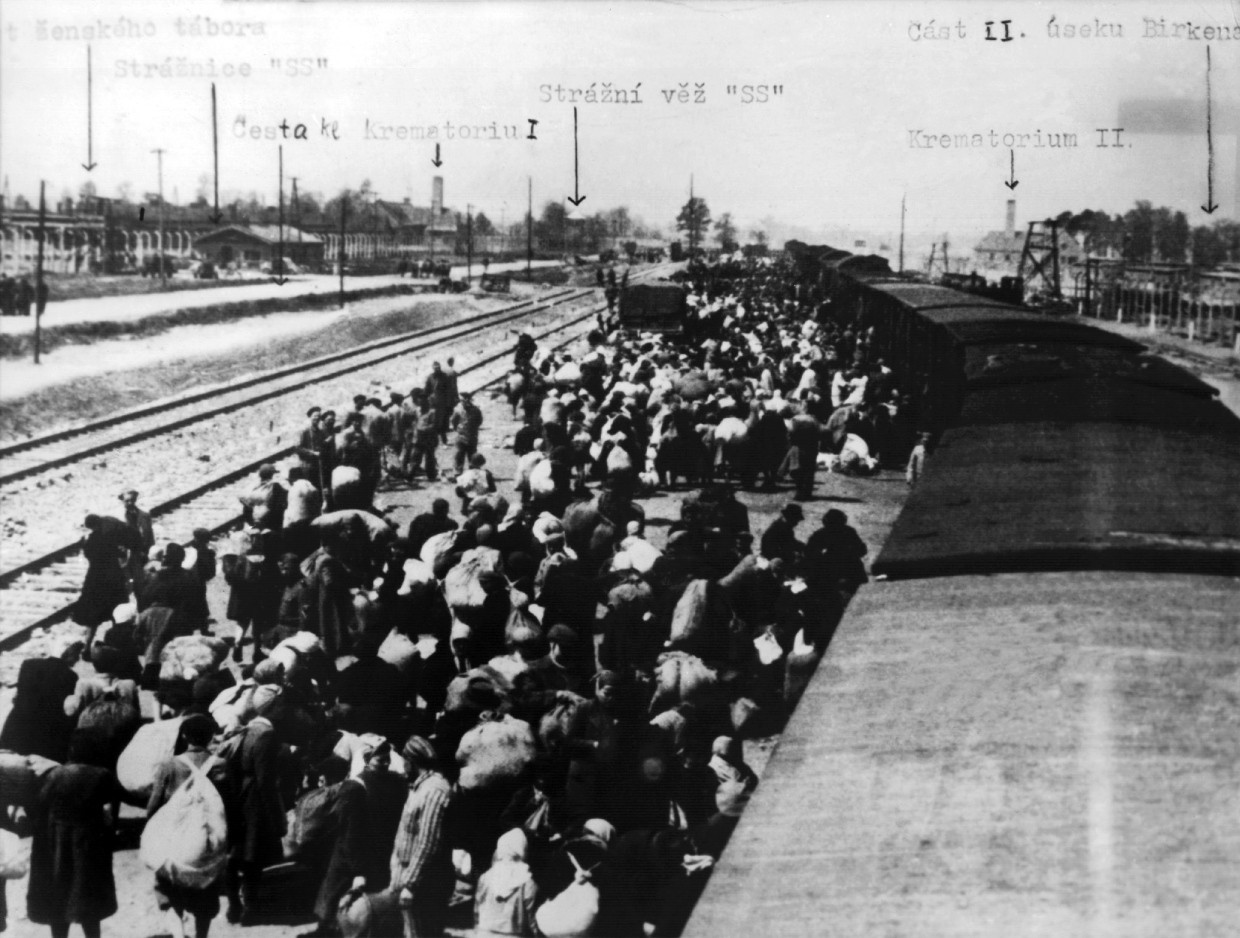 Ein Häftlingstransport aus Ungarn trifft im Vernichtungslager Auschwitz ein.