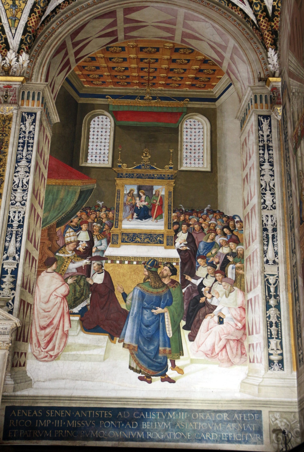 An den Wänden der Piccolomini-Bibliothek im Dom von Siena wird das Leben von Papst Pius II. erzählt. Hier malte Pinturicchio die Erhebung Enea Silvios zum Kardinal.