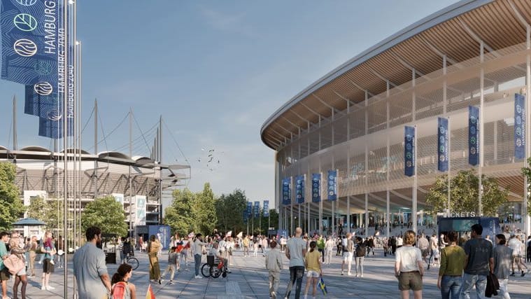Direkt neben dem Volksparkstadion (l.): So könnte die neue Arena in Hamburg aussehen. Direkt neben dem Volksparkstadion (l.): So könnte die neue Arena in Hamburg aussehen.