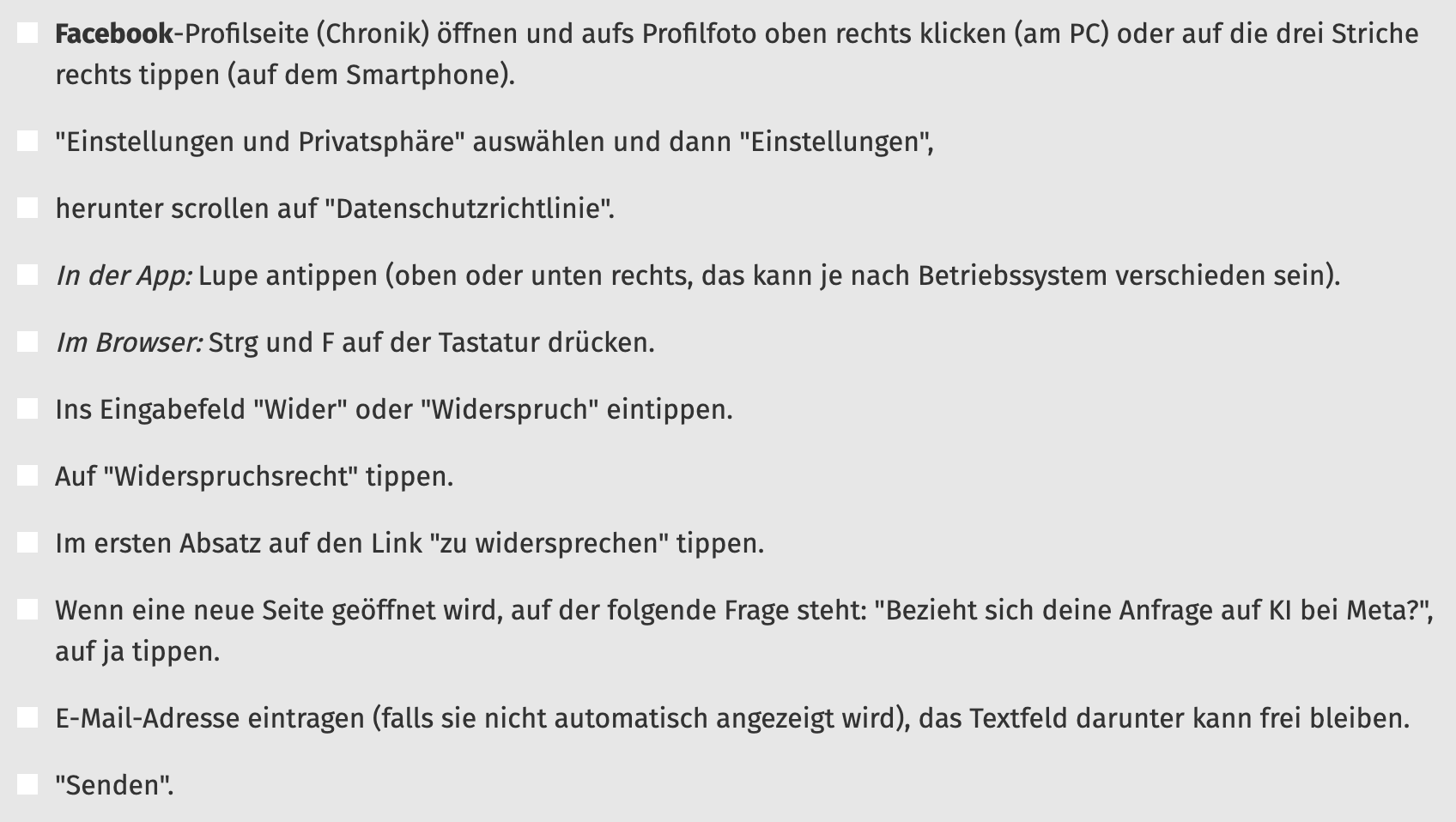 So sendet ihr auf Facebook über App oder Plattform euren Widerspruch ein.