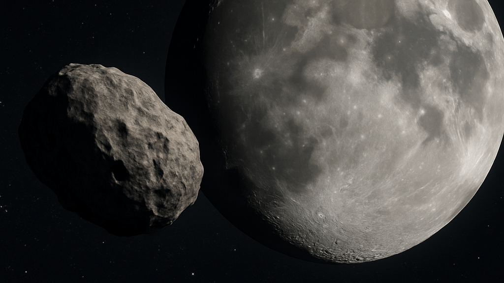 Ein Asteroid fliegt auf den Mond zu (KI-generiertes Bild). Ein Asteroid fliegt auf den Mond zu (KI-generiertes Bild).