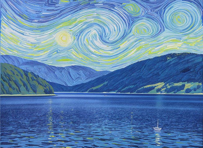 KI-generiertes Bild vom Zürichsee im Stil von van Goghs Sternennacht.