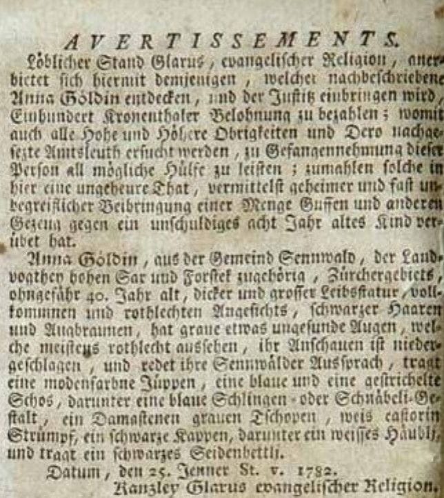 Steckbrief zur Suche nach Anna Göldi, Zürcher Zeitung vom 9. Februar 1782 Steckbrief zur Suche nach Anna Göldi, Zürcher Zeitung vom 9. Februar 1782