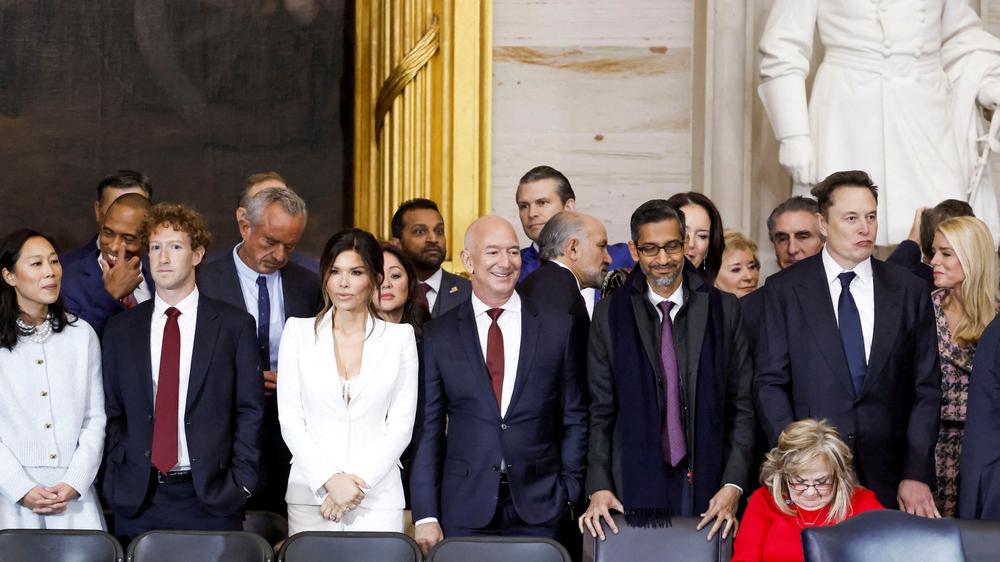 Reid Hoffman: Not talking back: Facebook founder Mark Zuckerberg (2nd from left), Amazon boss Jeff Bezos (4th from left) and Elon Musk (2nd from right) at the inauguration of Donald Trump as US President.