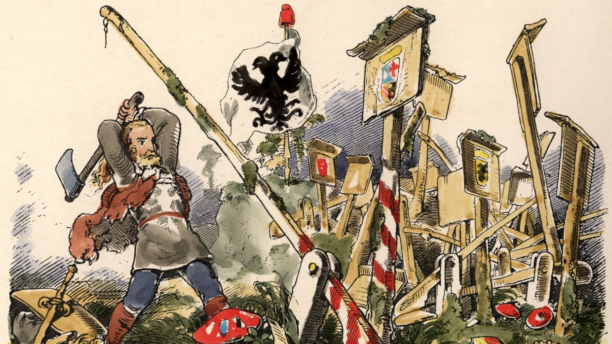 Im Jahr 1834 trat der Deutsche Zollverein in Kraft. Die Beseitigung der Zollschranken wurde von Karikaturisten festgehalten.