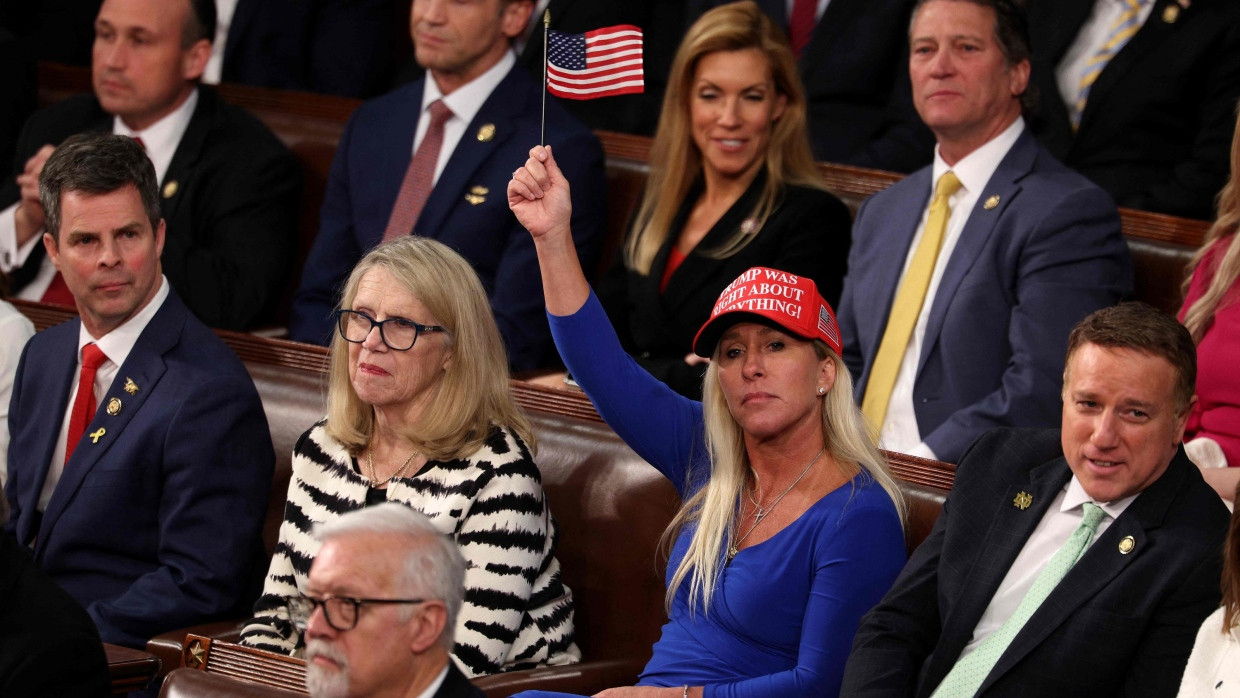 Die republikanische Kongressabgeordnete und MAGA-Anhängerin Marjorie Taylor Greene bei einer Ansprache von Donald Trump Anfang März im Kongress