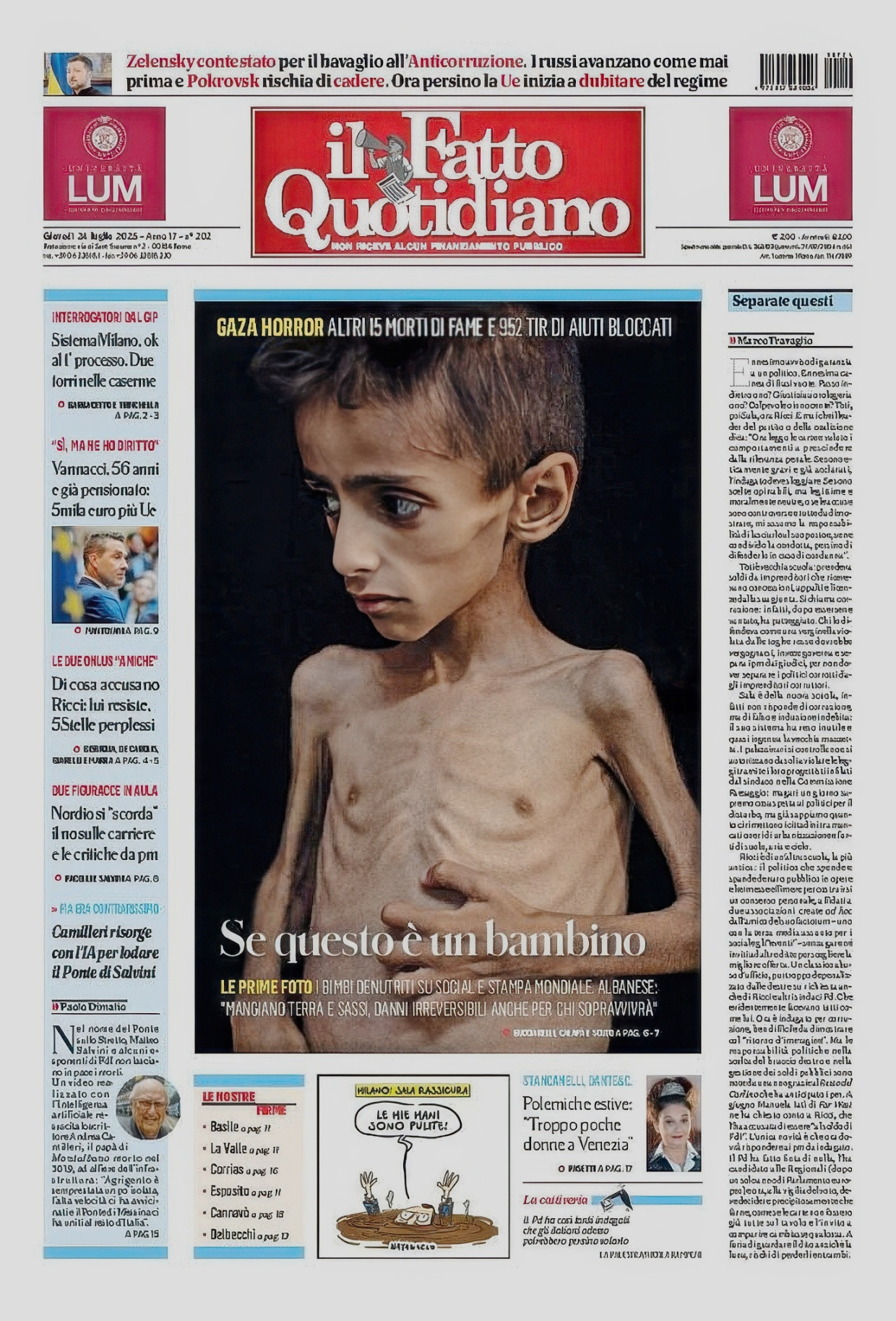 „Se questo è un bambino“: Titelseite der italienischen Tageszeitung „Il Fatto Quotidiano“ vom vergangenen Donnerstag