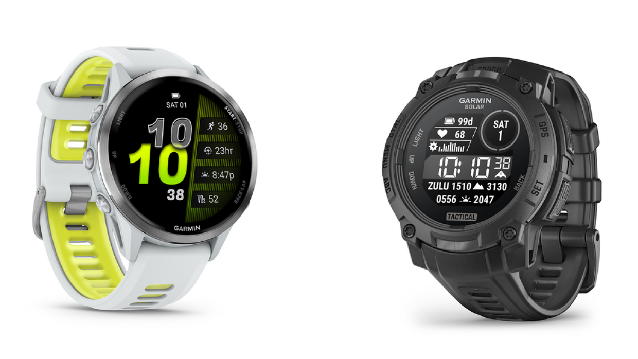Fit für Läufer: die Forerunner 970 (links) mit neuen Funktionen fürs Joggen. Rechts ist die Darstellung der Instinct 3 Solar im Pressebild arg geschönt.