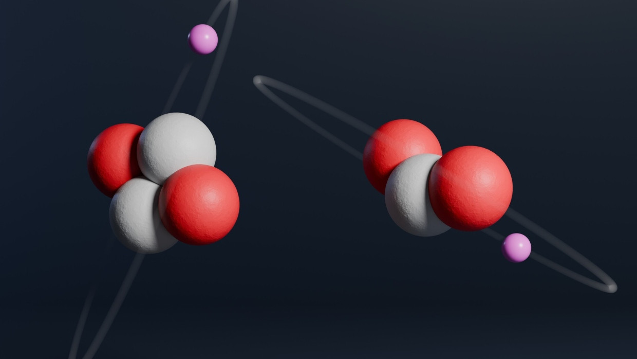 Illustration der beiden stabilen Helium-Isotope Helium-4 (links) und Helium-3. De rote Kugel symbolisiert ein positiv geladenes Proton, die grüne Kugel ein ungeladenes Neutron.
