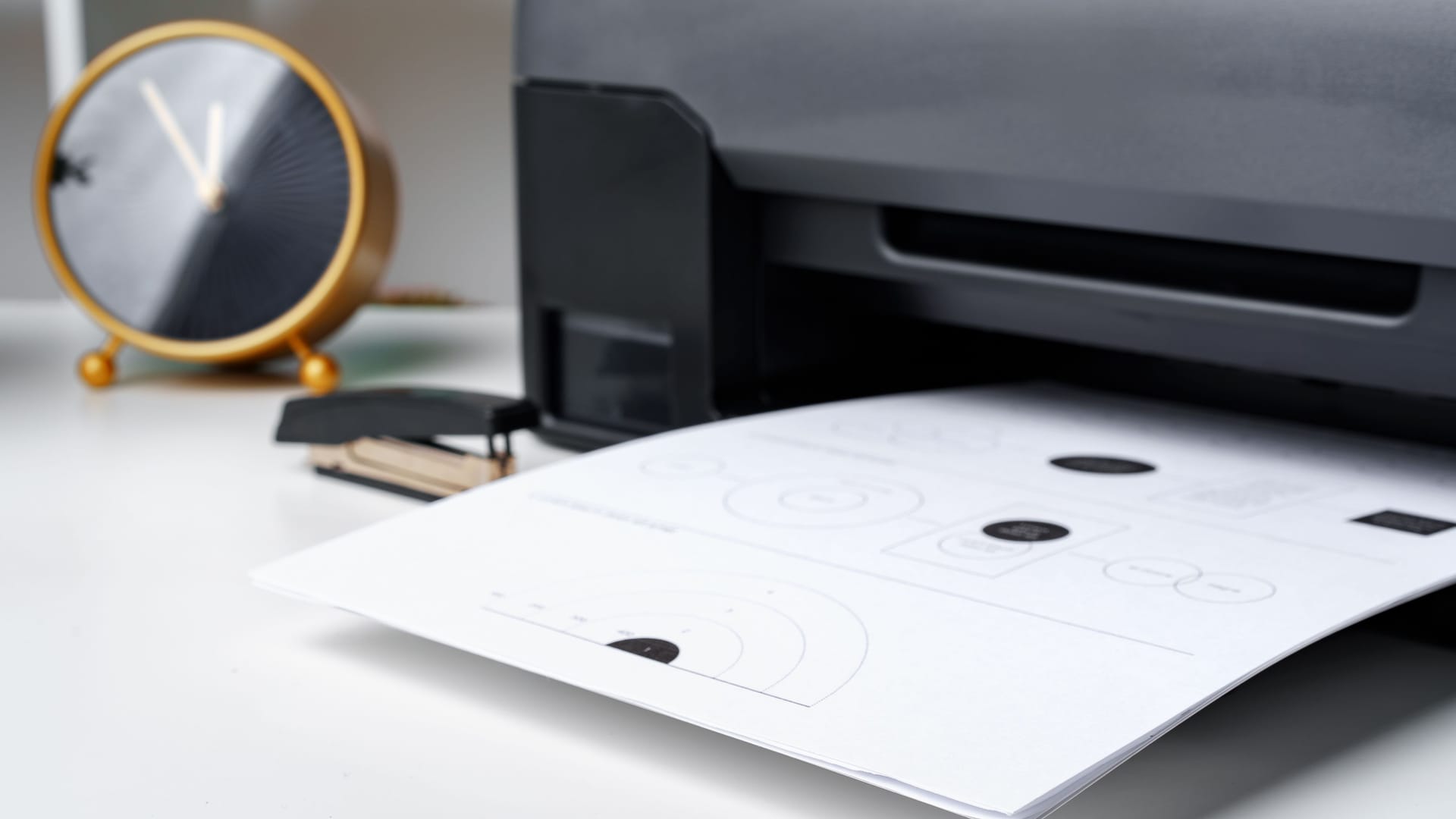 Workplace with modern printer and clock in the office Workplace with modern printer and clock in the office