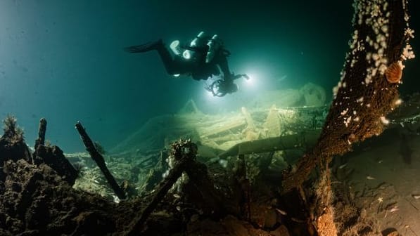 Ein Taucher schwimmt über Wrackteile: Die HMS Nottingham soll rund 70 Seemeilen vor der britischen Küste liegen. Ein Taucher schwimmt über Wrackteile: Die HMS Nottingham soll rund 70 Seemeilen vor der britischen Küste liegen.
