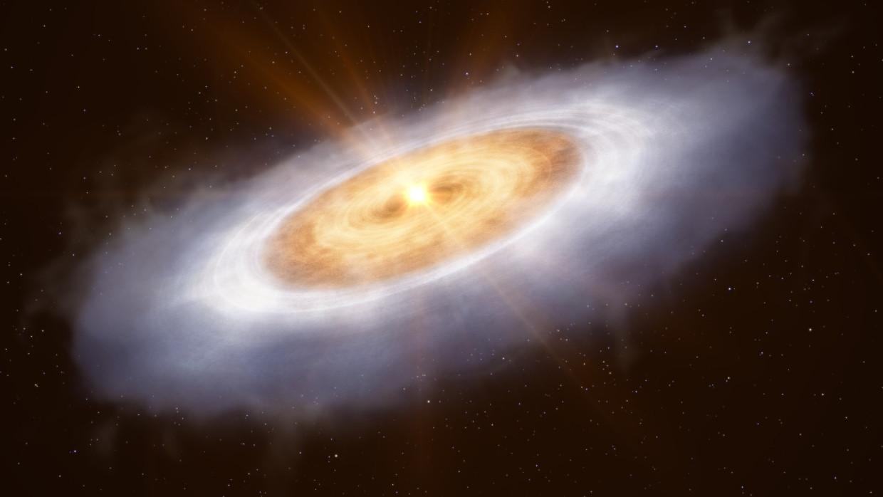 Illustration des Protosterns V883 Orionis mit seiner ausgedehnten planetaren Scheibe im Sternbild Orion, 1300 Lichtjahre von der Erde entfernt.