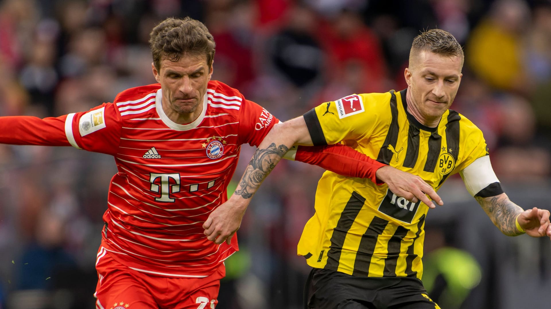 Weggefährten: Thomas Müller (li.) und Marco Reus, hier bei einem Duell der Bayern gegen Dortmund im April 2023. Weggefährten: Thomas Müller (li.) und Marco Reus, hier bei einem Duell der Bayern gegen Dortmund im April 2023.